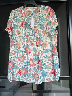NWT Rose & Olive Floral V-Neck Pleated Women’s Top — Multi-Color Sz 1X