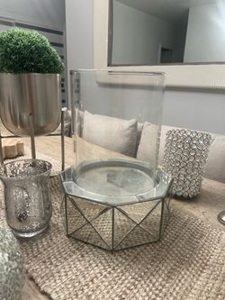 Glass Hurricane Candle Holder with Geometric Mirror Base