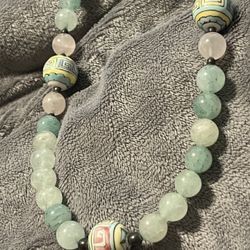 Vintage Green & Pink Stone Beads With Hand Painted Bead Necklace 