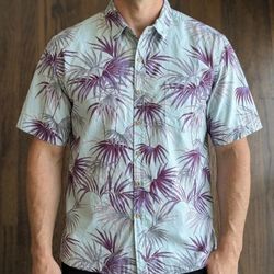 Cooke Street Hawaiian Honolulu Men Camp Shirt Large Blue Purple Palm Cotton