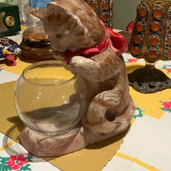 1920S Antique Vintage Chalk ware  Cat  Fishbowl   Fish Tank Adorable