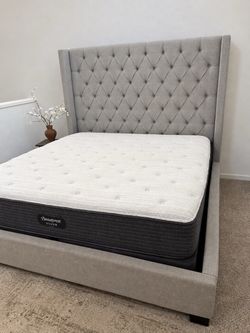 King grey upholstered Bedframe + Beautyrest mattress *DELIVERY AVAILABLE*