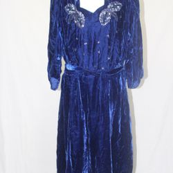 Rare Plus Size 1930s Royal Blue Silk Velvet dress with sequin detail and matching belt