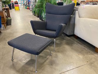 Wegner's Style  Wing Chair with Ottoman  in Charcoal Grey