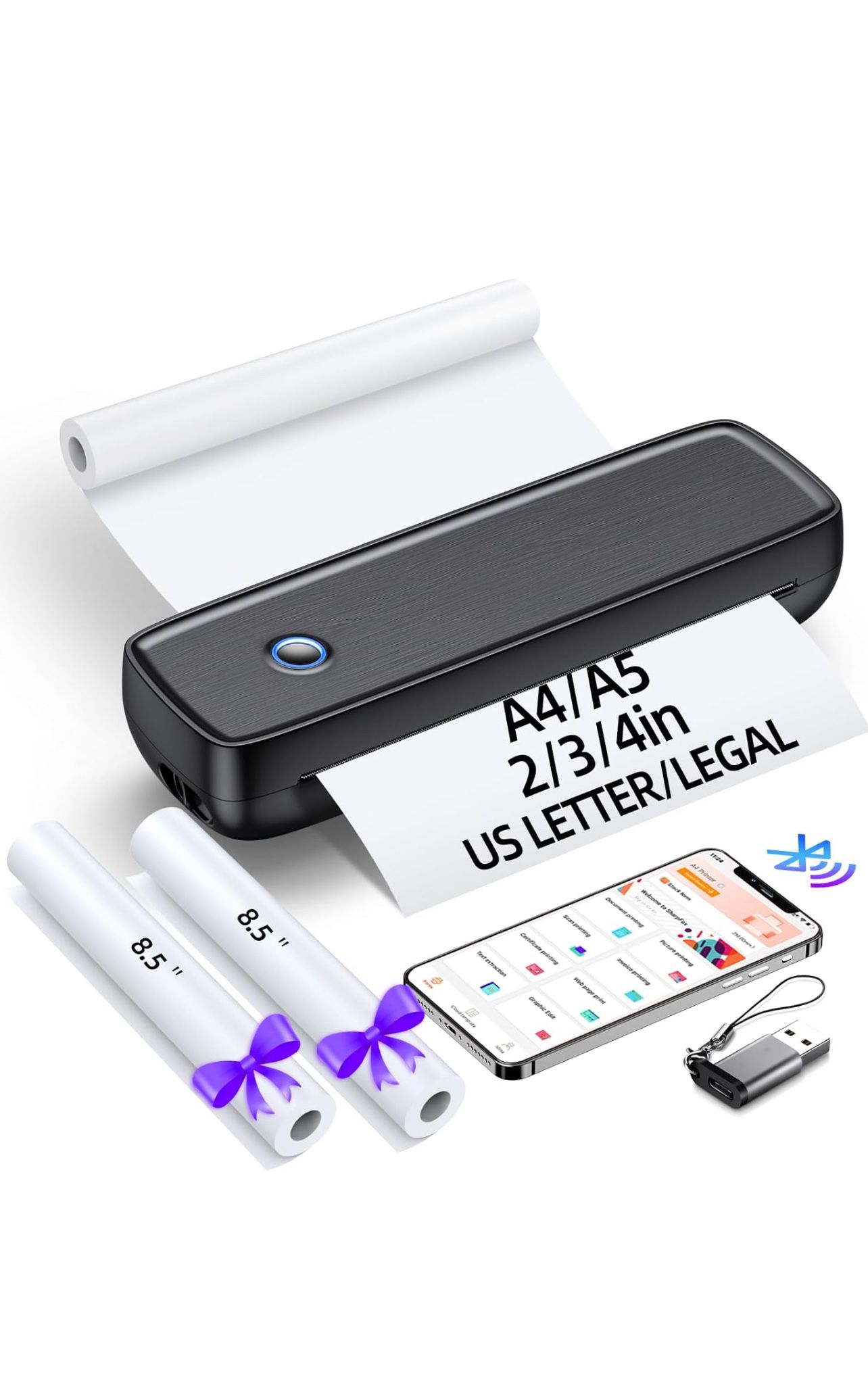 Portable Printer Wireless for Travel，Bluetooth Thermal Printer Support 8.5" X 11" US Letter &Legal, A4&A5 Thermal Paper, Inkless Printer Compatible wi