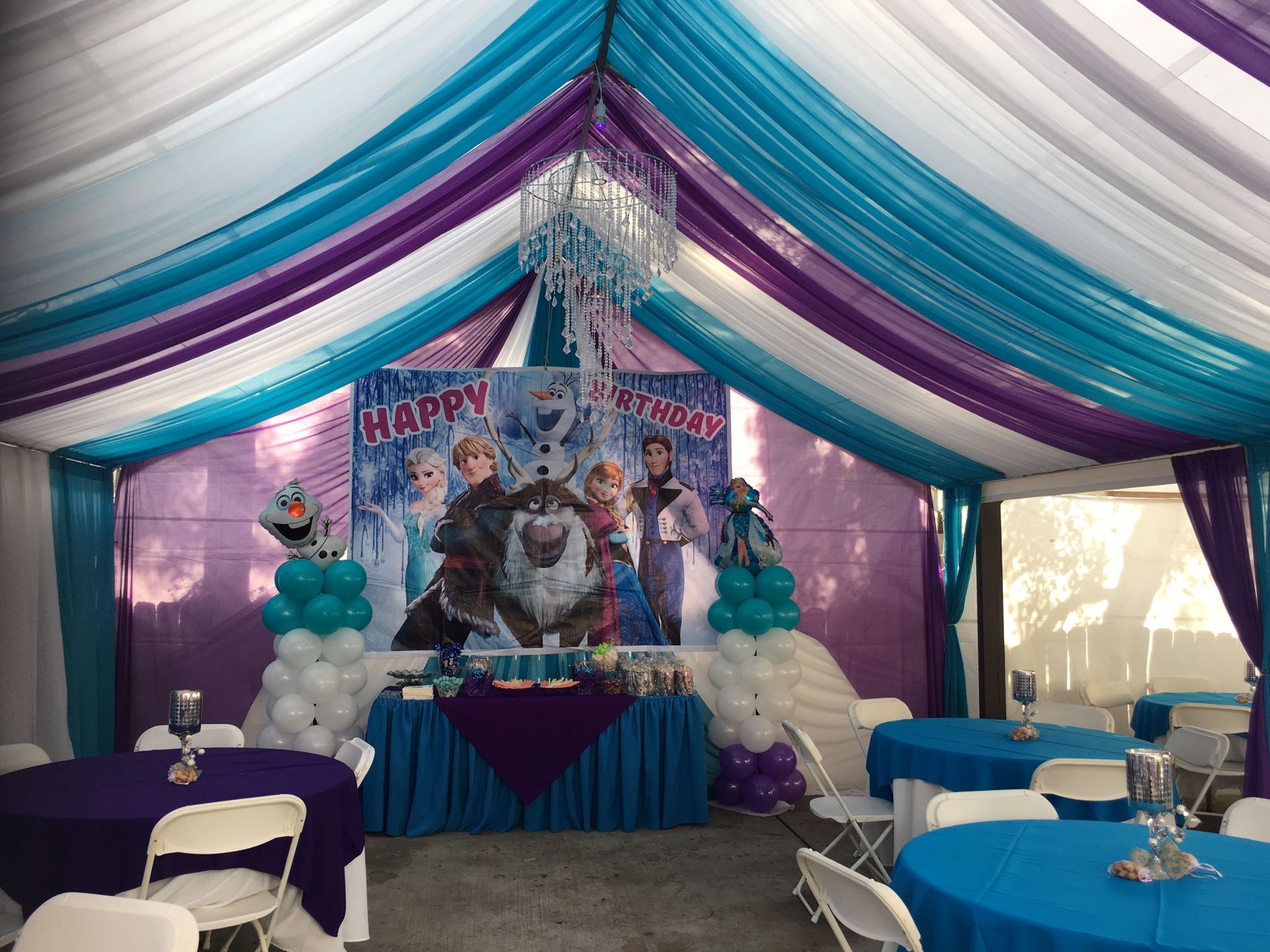 Frozen ❄️❄️party decorations -party draping-party tables chairs-party ideas -balloons-kids -