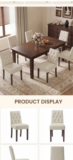 Brand new 6 pieces beige color of Tufted Dining Chairs, Diamond Button High Back Fabric Cushion, Solid Rubberwood Legs
