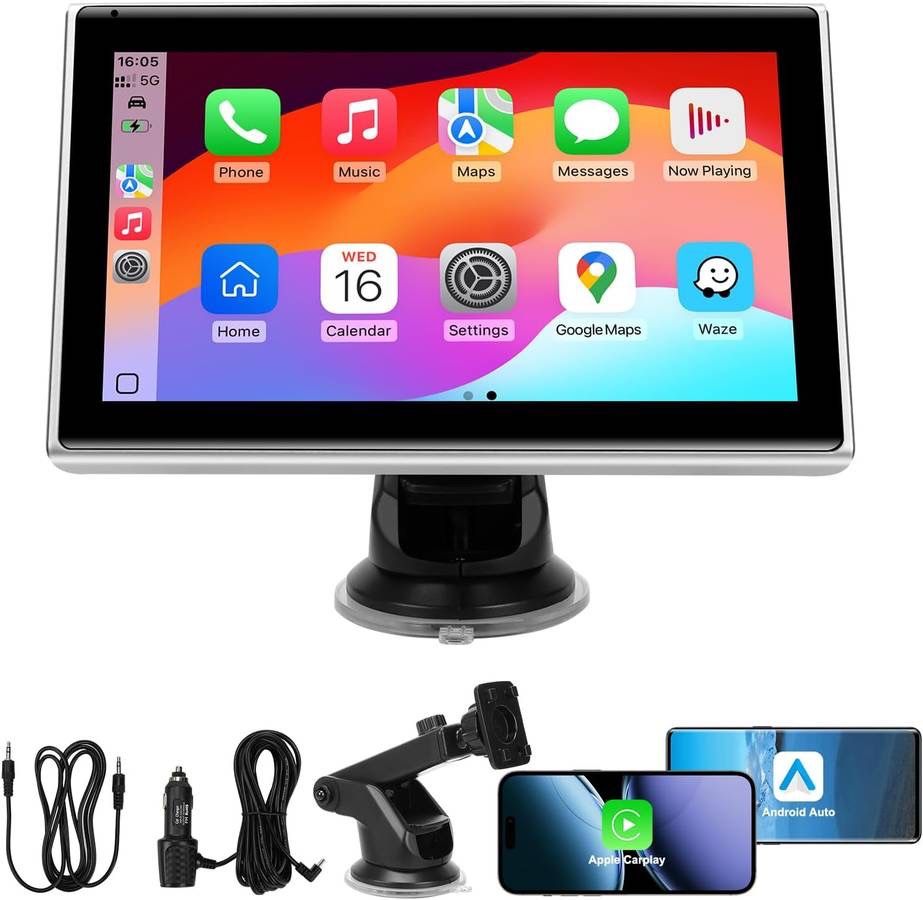 new 7" Portable Wireless CarPlay Screen for Car – Apple CarPlay & Android Auto, HD Touch Screen Car Stereo, Bluetooth, GPS Navigation, Voice Control,