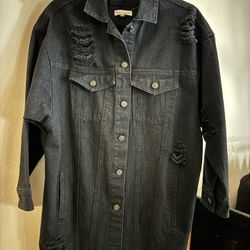 Black Denim, Oversized, Distressed, Women Jacket XS