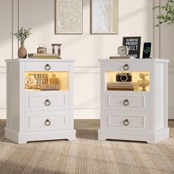 Nightstands Set of 2, LED Nightstand with Charging Station, 3 Drawers Bedside Table with Open Shelf, Farmhouse Night Stands with Storage, Wood Bed Sid