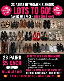 23 Pairs. Sizes 8½–9½. $5 Each. Let’s Get These Gone!
