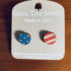 NWT Patriotic Stars & Stripes Pierced Earrings Made From Wood, 4 th of July Gift