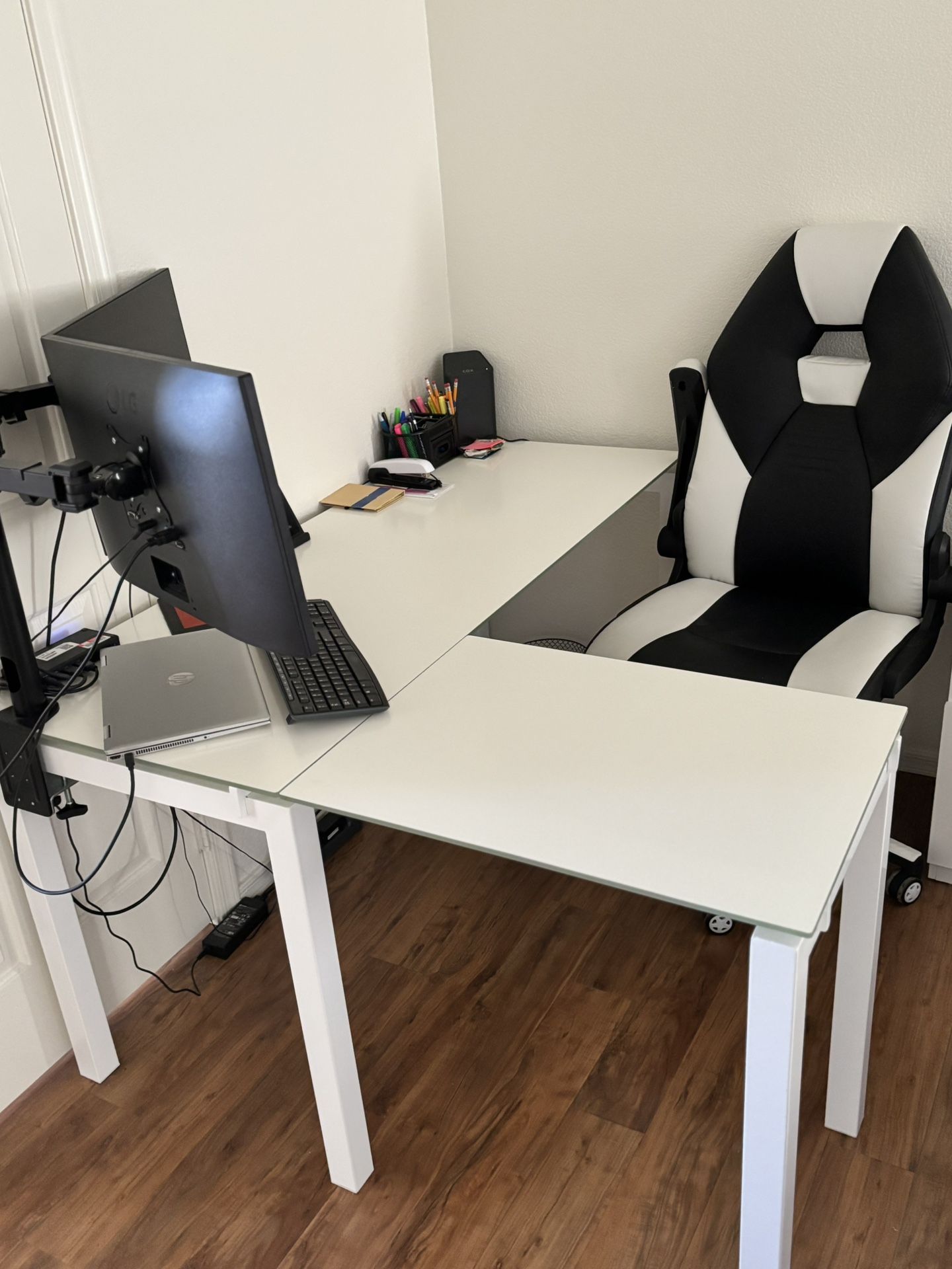 Offc desk, Chair, Leather Chair, 2 Metal Chairs