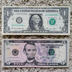 Set of two fancy serial number Federal Reserve Bank $1 & $5 STAR notes