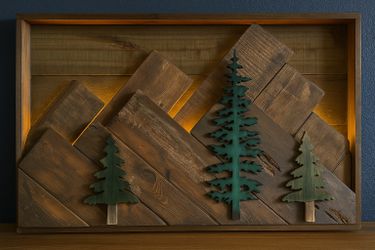 Rustic Wooden Mountain Scene with Resin Trees – Handmade