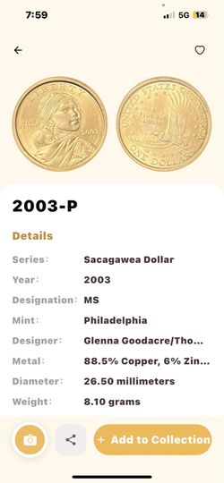 2003-P Sacagawea Gold Dollar BU Mint State UNC Collector Coin