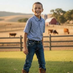 Rafter C Polo Shirt Child SZ XS Navy Blue Boots Print