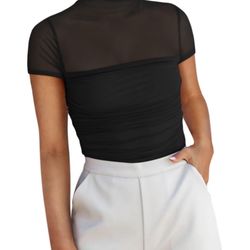 REORIA Sexy Bodysuits For Women Classic Mock Turtle Neck Short Sleeve Slim Fit Shirts Sheer Mesh Ruched Trendy Going Out 