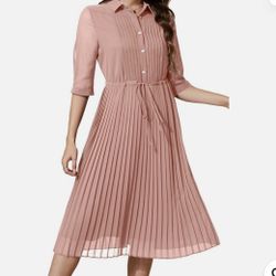 Womens Pleated 3/4 Sleeve Swing Dress Soft Pink Small Cottagecore Preppy Size Small New 