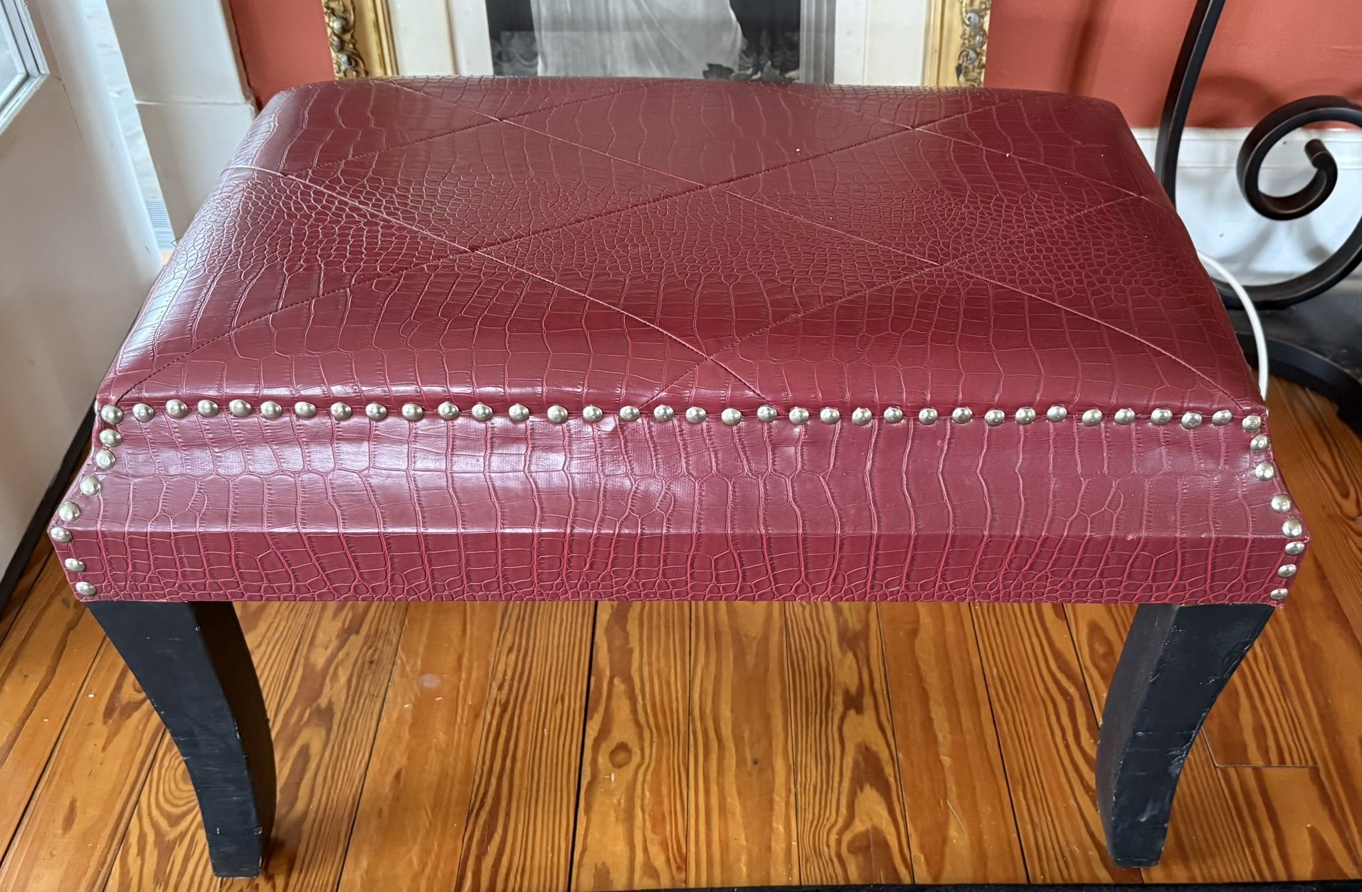 Vintage Red Leather Top Ottoman