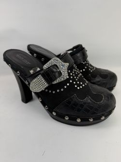 Wanted Black Croc Suede Mules Clogs 7 Rhinestone Western Gothic Y2K Bratz Style