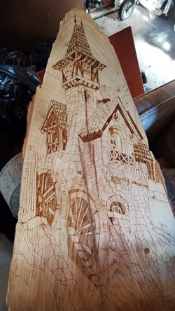 Wood burned water wheels.