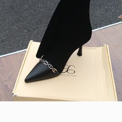 Black Chain-Detail Women's Boots Heels