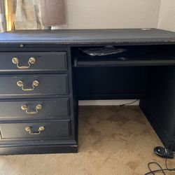 Black Dark Gray Wood Desk Study Table Solid with 3 Drawers Distressed Wood Keyboard