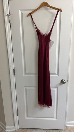 Off -White Burgundy Satin Slip Maxi Dress with Lace Trim
