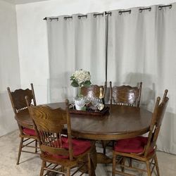 Oak Extendable Dining Table & 5 Pressed Back Chairs