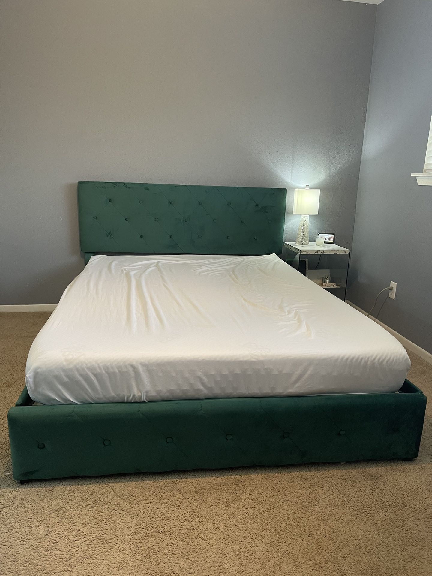 green velvet bed with chair