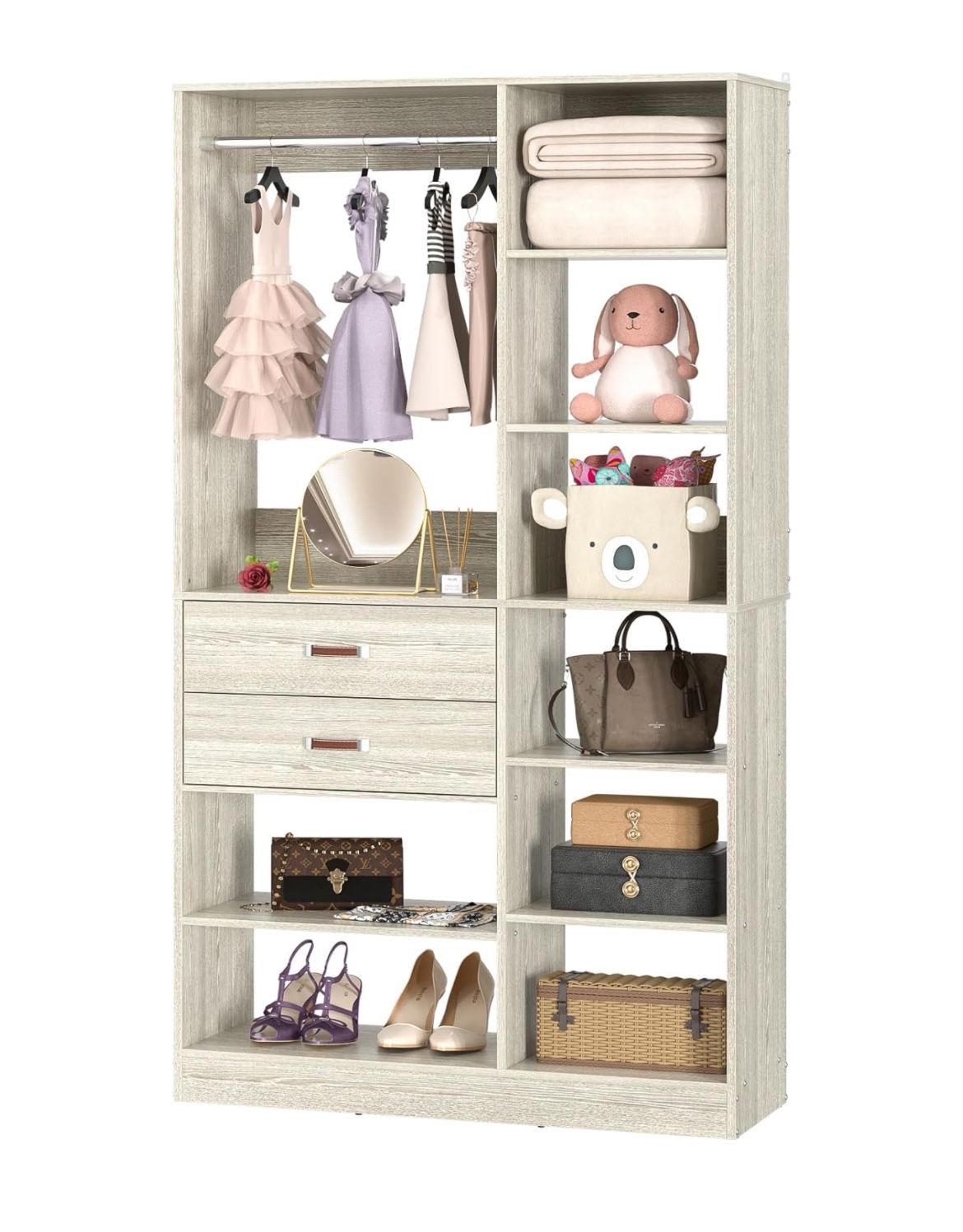Freestanding Closet System, 40in Stand Alone Wardrobe With 10 Shelves, 80” Height Adjustable Garment Rack With 2 Drawers