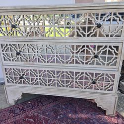 Contemporary mirrored ornate design Moroccan Asian inspired overlay triple chest dresser nightstand Console 