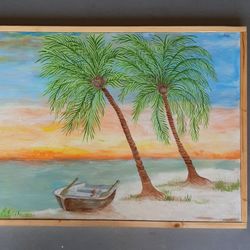24 X 48".  Palm Trees And Rowboat In Sunset.