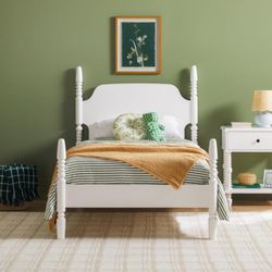 Walker Edison EZ Assembly Traditional Wood White Spindle Bed, Vintage Bed Frame, No Box Spring Required, Twin Bed Frame with Headboard, Twin Size, Whi