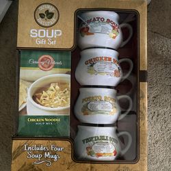 Caraway Naturals Nostalgic Soup Bowls Gift Set featuring four ceramic mugs with printed soup recipes