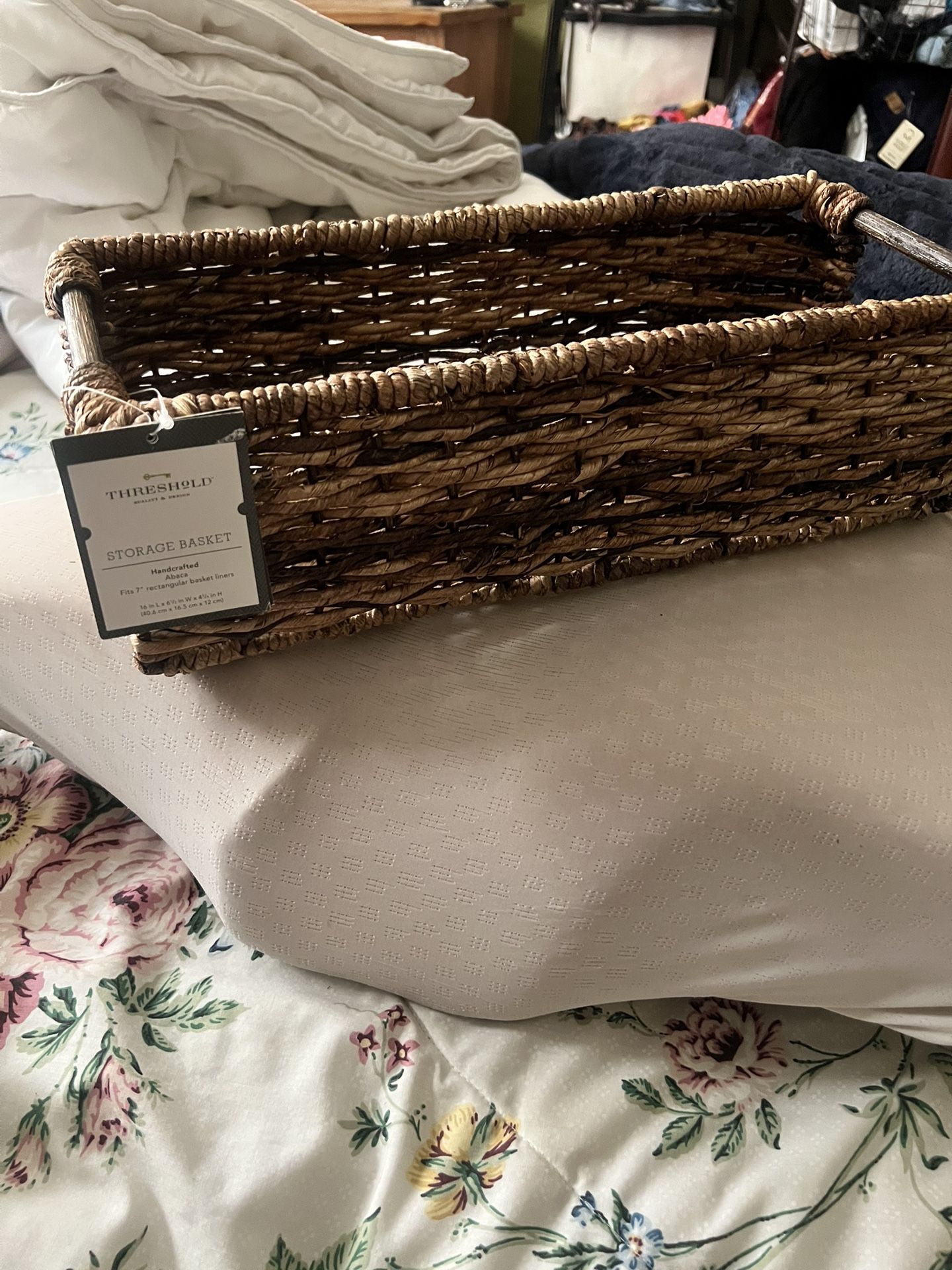 Handcrafted Brown Storage Basket with Wooden Handles. Beautiful in any space.  Great Gift. See pictures  Size L16xW6.5x H41/4x. Firm