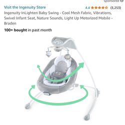 Ingenuity InLighten Baby Swing - Cool Mesh Fabric, Vibrations, Swivel Infant Seat, Nature Sounds, Light Up Motorized Mobile - Braden Nee in Box 
