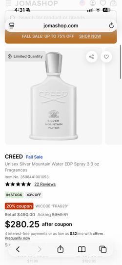 Cologne Creed silver mountain water $190 OBO