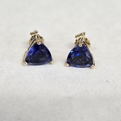 14kt Gold Trillion Cut Lab Sapphire Earrings