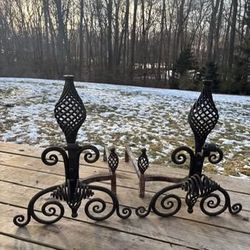 Pair of Vintage Andirons Hand Hammered Wrought Iron Spiral Finials