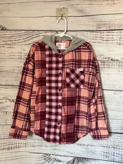 Girls Justice Pink and Burgundy Plaid Hooded Button-Up Shirt size 7/8