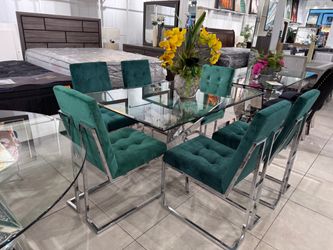 Glass Top Dining Table with 6 Green Velvet Chairs