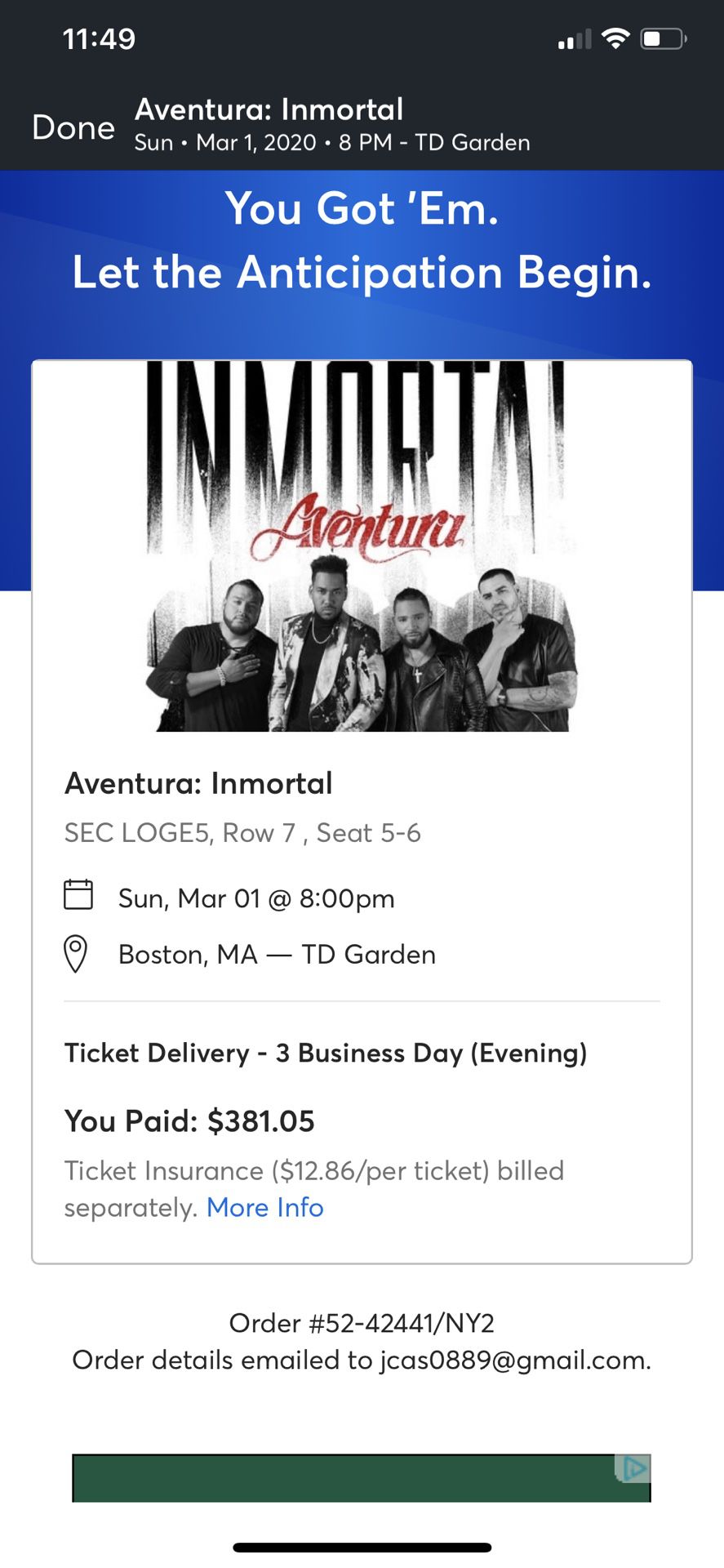 Aventura immortal tickets 03/01 TD Garden