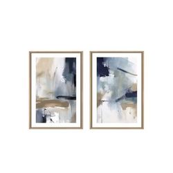 Set of Two Blue & Brown Abstract Prints on Canvas in Faux Wood Floating Frames