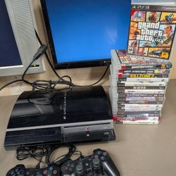 40gb PlayStation 3 PS3 with 2 wireless controllers and 17 games