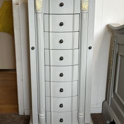 Tall Jewelry Box 7 Drawer 2 Open Side Flip Lid w/Mirror Wood Painted Grey Yellow Accents