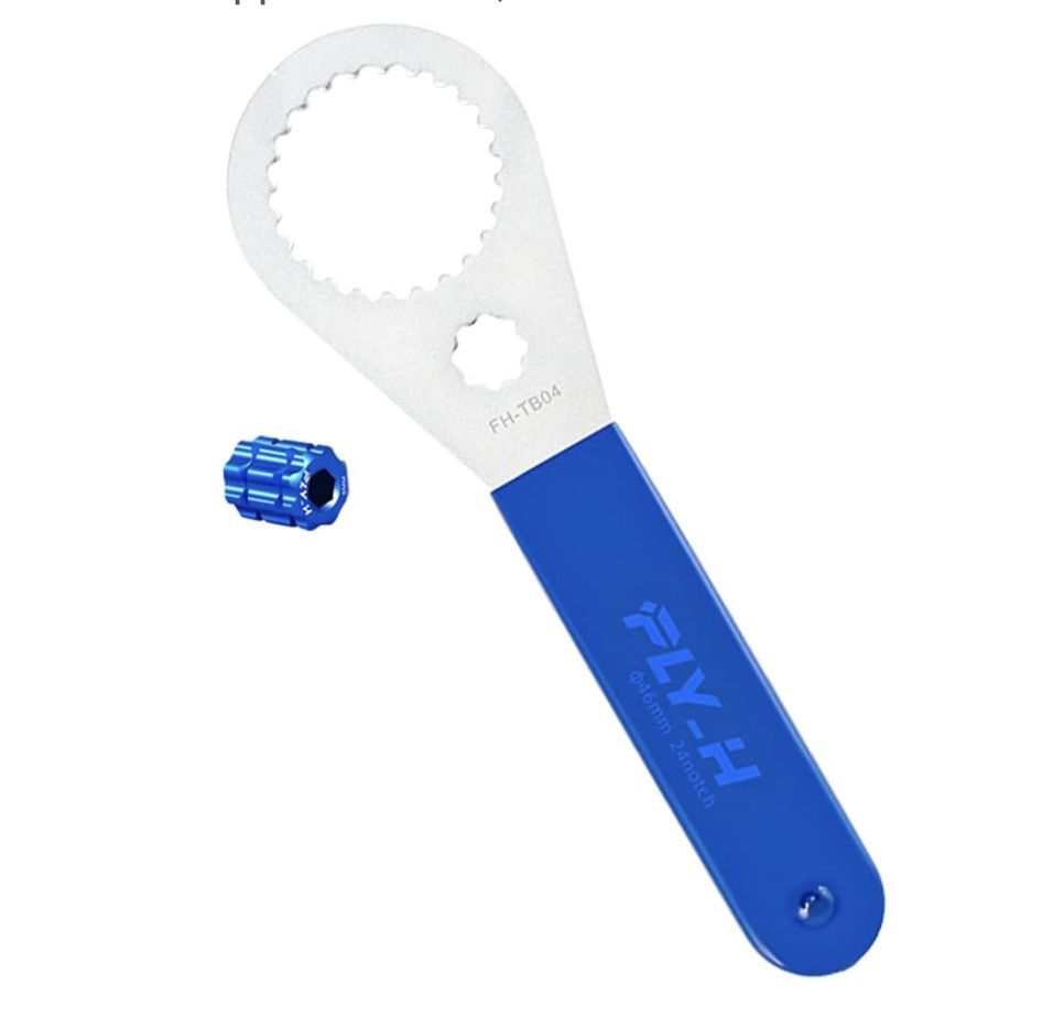 FLY H Bottom Bracket Wrench Tool, Aluminum, Silver Body, Blue Plastic Wrapped Handle, 16 Notches