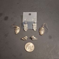 3 Sets Of Silvertone Dangle Owl Earrings With Rhinestones,  2 Have Hooks & 1 With Post