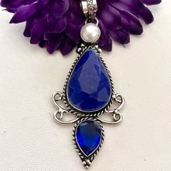 Pearl & Blue Burmese Sapphire Silver Gemstone 3” Pendant